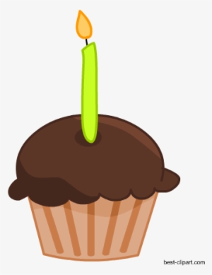 Chocolate Cupcake With Green Candle, Free Clip Art - Cupcake With Candle Clipart
