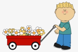 Boy With Flower Filled Wagon - Boy With Flowers Clipart