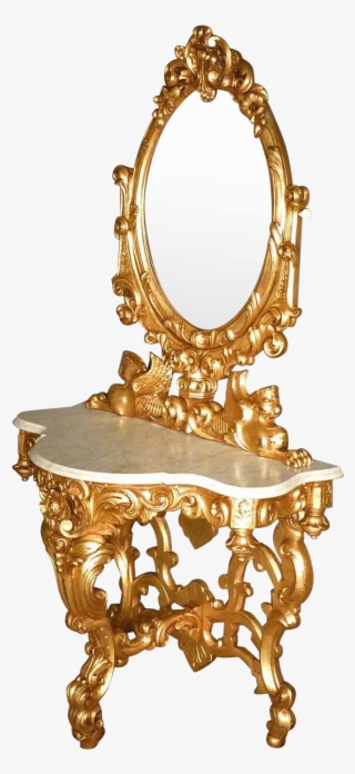 Gold Marble Top Hall Mirror, Vanity With Griffins - Mirror