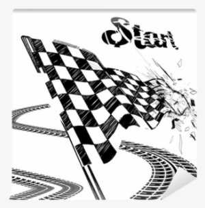Drawing Checkered Flag With Tire Track Wall Mural - Tatouage Drapeau A Damier