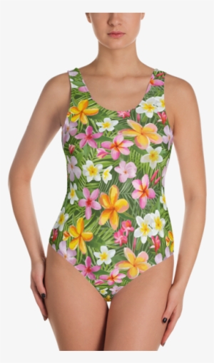 Seamless Colorful Tropical Flowers One-piece Swimsuit - Green And White Swimsuit One Piece