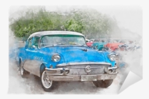 Blue Old Car In Cuba, Watercolor Wall Mural • Pixers® - Watercolor Painting