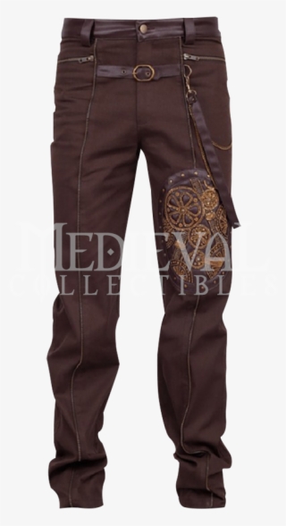 Steampunk Brown Gear Embroidery Strap Trousers - Pocket