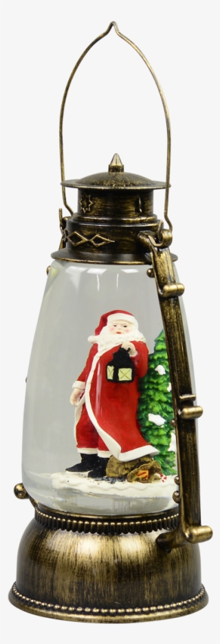 Santa In Antique Look Hurricane Lantern Snow Globe - Brass