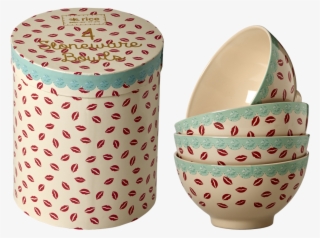 Set Of 4 Kiss Printed Stoneware Bowls By Rice Dk - 4 Kiss Printed Stoneware Bowls In Gift Box Cream By