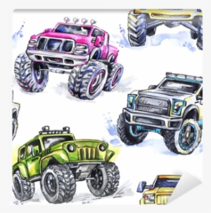 Watercolor Seamless Pattern Cartoon Monster Trucks - Monster Truck Watercolor