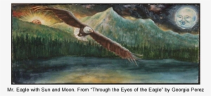 Illustration Of An Eagle Flying Over A Lake With Sun - Eagle