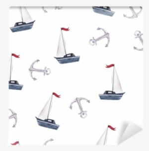 Seamless Pattern With Small Boat And Anchors On White - Watercolor Painting