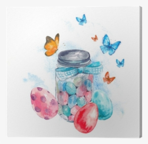 Watercolor Glass Jar With Candy, Butterfly And Eggs - Watercolor Painting
