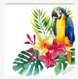 Watercolor Parrot With Exotic Flowers And Leaves Wall - Art Print: Tanycya's Tropical Leaves, 24x18in.