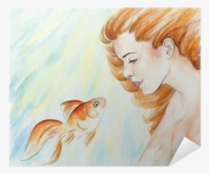 Beautiful Girl With Red Hair And Goldfish In Water - Canvas Print