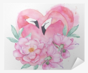 Watercolor Pink Flamingo Couple With Bouquet Peony - Watercolor Painting