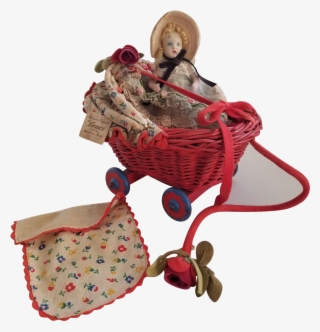 Vintage Lenci Miniature Felt Doll In Wicker Carriage - The Doll