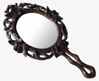 Antique German Black Forest Carved Wood Hand Mirror, - Picture Frame