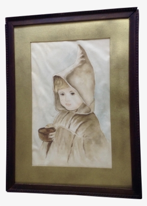 19th Century Beautiful Hooded Girl Watercolor Painting - Picture Frame