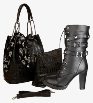 The Black Angel Boots Skull Design Bag Set - Women's Winter Patent-leather Zip Pointed Toe Ankle