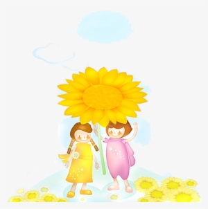 Ftestickers Watercolor Clipart Girls Sunflowers Cute - Illustration
