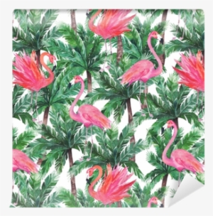 Watercolor Pink Flamingos, Exotic Birds, Tropical Palm - Watercolor Painting