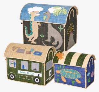 Set Of 3 Animal Theme Raffia Toy Storage Baskets Rice
