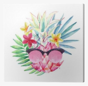 Watercolor Pineapple With Sun Glasses, Fan Palm Leaf