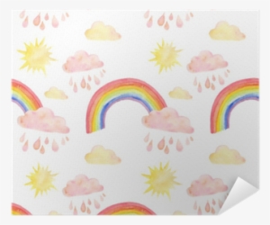 Watercolor Seamless Pattern With Rainbow, Clouds, Raindrops - Watercolor Painting