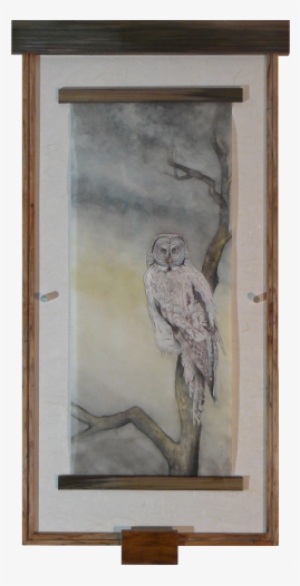 Watercolor Painting On Silk Of Great Grey Owl Looking - Watercolor Painting