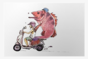 Watercolor Motorbike, Cartoon Illustration Of Boy And - Illustration