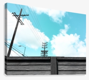 Electric Pole With Wooden Wall And Blue Cloudy Sky - Blue