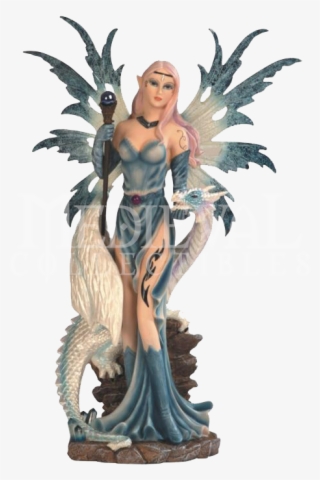 Blue Ice Fairy With Staff And Ice Dragon On Rock Fantasy