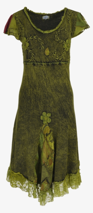 Handmade Stonewashed Cotton Flared Dress With Applique,