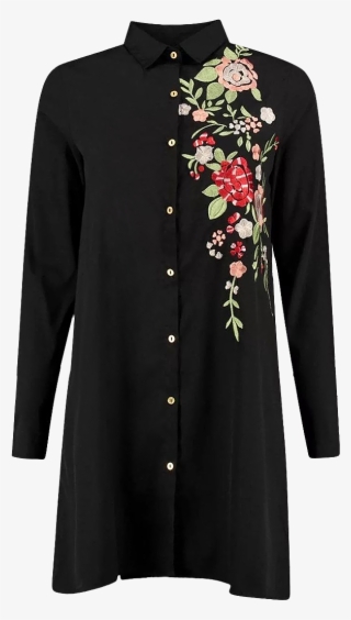 Floral Embroidered Long Sleeve A-line Dress - Dress