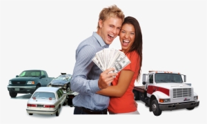 A Happy Couple Holding An Amount Of Money With Cars