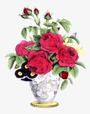 Vase With Red Roses Other Flowers Bouquet - Transparent Vintage Flowers Png