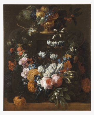 Flower Garland And Gilded Bowl Of Fruit