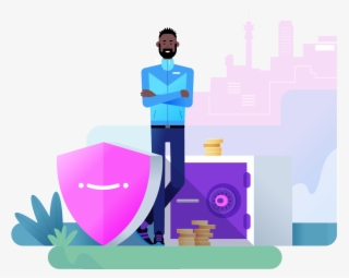 Man Standing With A Shield And A Safe With Money - Illustration