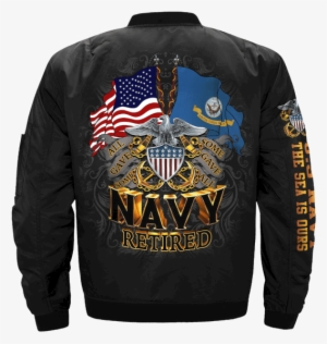 Us Navy Retired Over Print Jacket - Navy Long Sleeve Double Flag Eagle Shield Navy - Medium