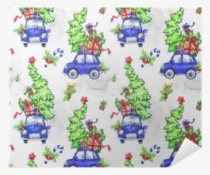 Watercolor Seamless Pattern With Cartoon Holidays Cars, - Illustration