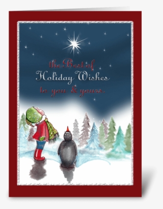 Little Girl With Penguin, Holiday Card - Christmas Card