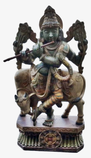 Hindu God Krishna With Cow Wooden Big Statue