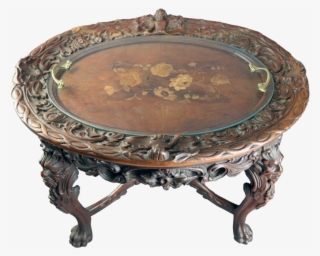Antique Carved And Inlaid Figural Tea Table With Lion, - Coffee Table