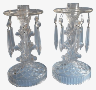 Glass Candlesticks Pair Vintage 1940s Prisms Light - Antique