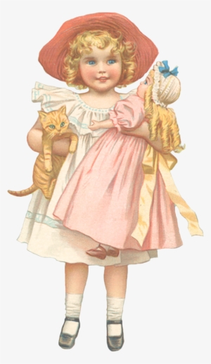 Little Girl With Cat And Doll Victorian Scrap - Doll Vintage Png