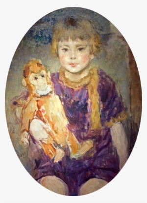 Jean Laudy "little Girl With Stuffed Monkey" Oil On - Watercolor Paint