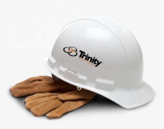 Image Of A Hardhat With The Trinity Logo On It - White Hard Hat And Gloves