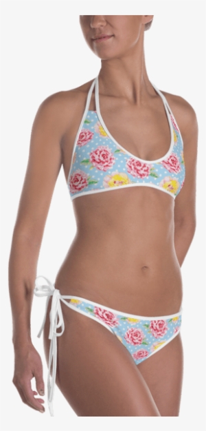 White, Pink And Yellow Flowers On The Polka Dots Print - Swimsuit