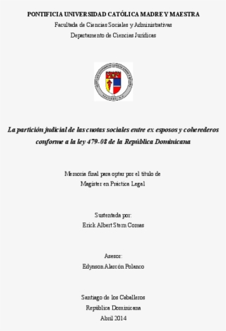 La Particion Judicial De Las Cuotas Sociales En Republica - Pontificia Universidad Católica Madre Y Maestra