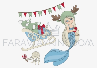 Mermaid Sled Cartoon Merry Christmas Vector Illustration - Vector Graphics