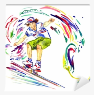 Guy On Skateboard, Colorful Palette Splashes Background, - Watercolor Painting