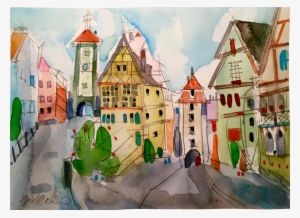 German Village Watercolor Painting - Watercolor Painting