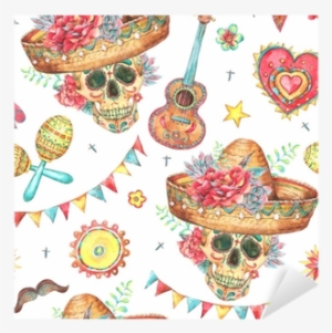 Watercolor Seamless Pattern With Skull In Sombrero - Watercolor Painting